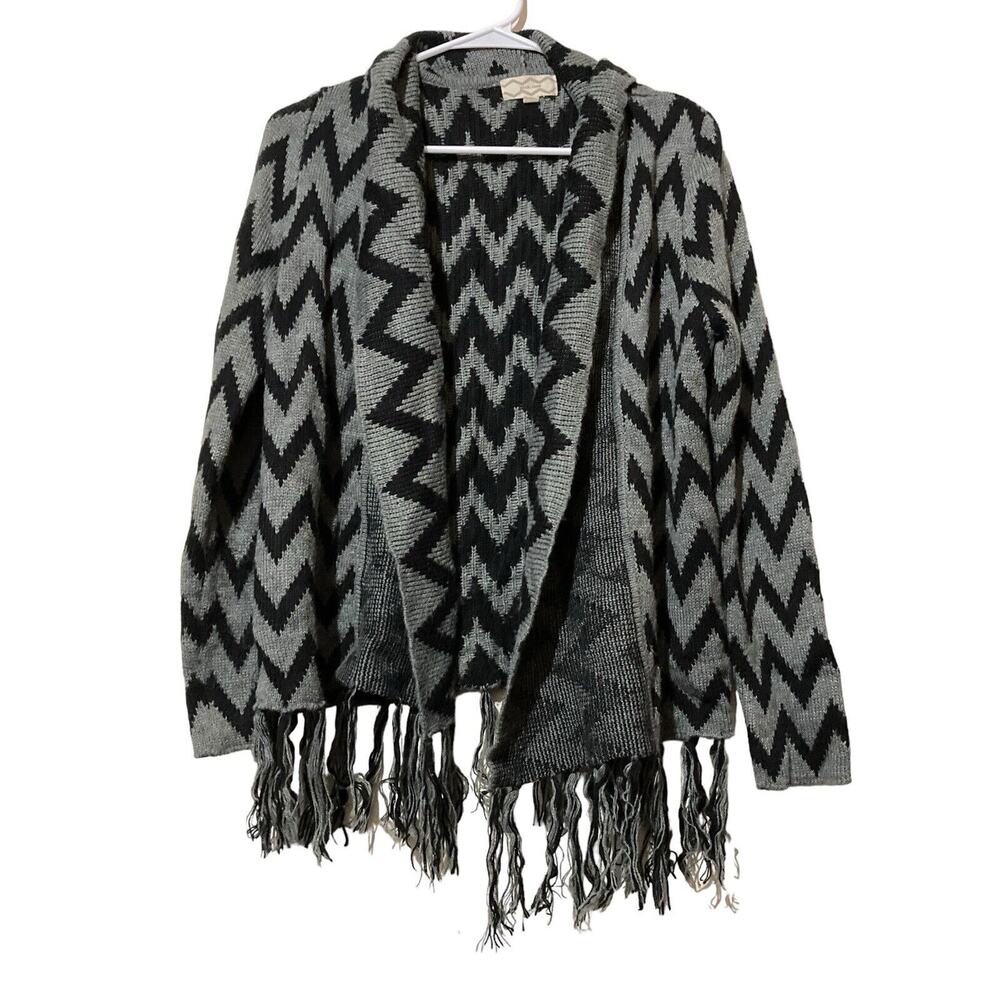 Cardigan Sweater Womens Size Medium Open Front Black‎ gray chevron PINK ROSE
